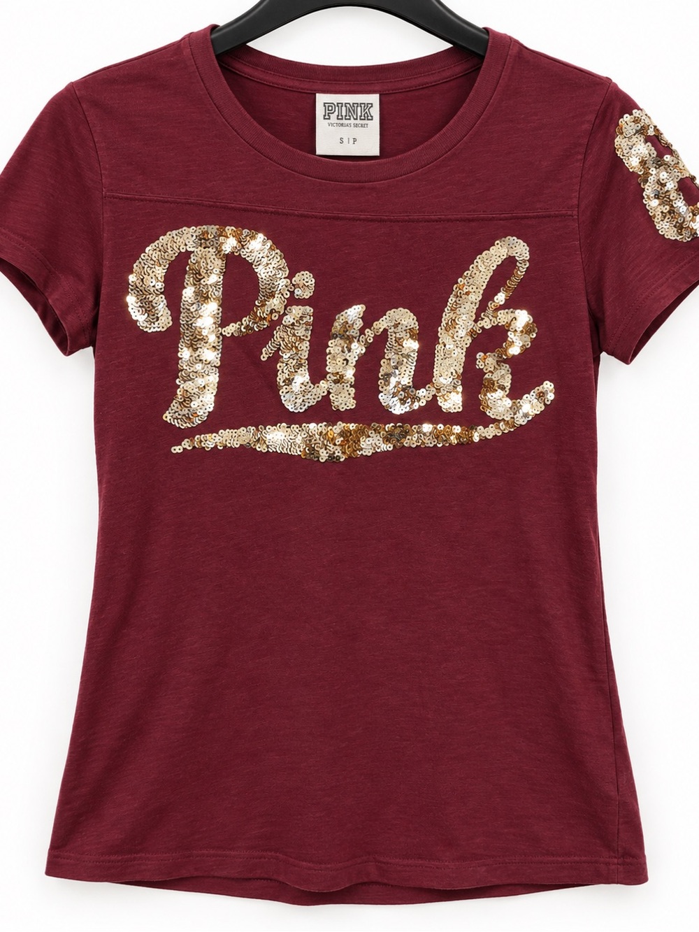 PINK Victoria's Secret Burgundy Short Sleeve Tee with Gold Sequin Logo